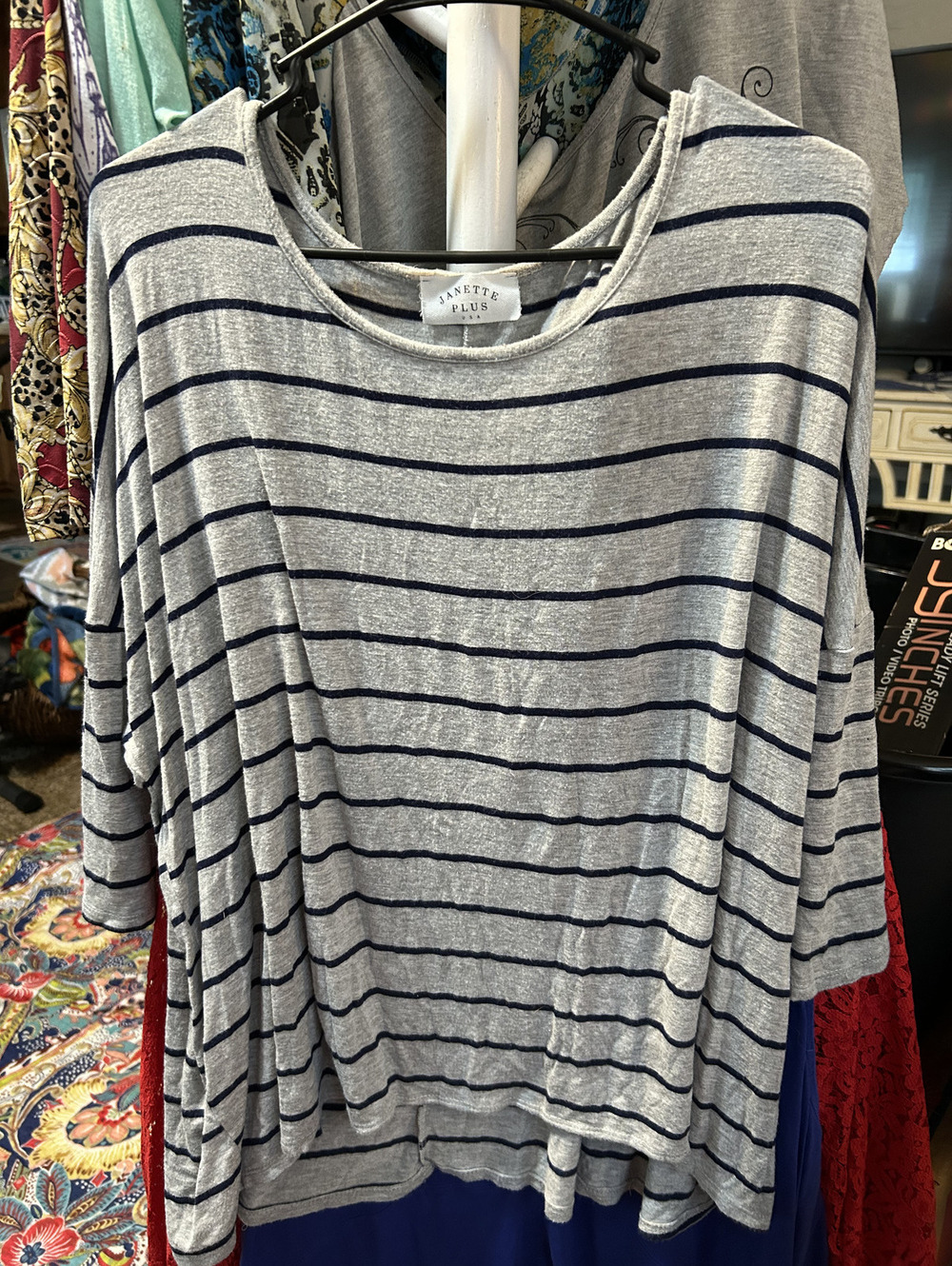 Janette Plus Gray and Navy Striped Plus Size Shirt 1X
